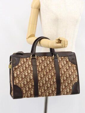 Christian Dior Trotter Canvas Boston Bag Brown Gold Auth gh1472